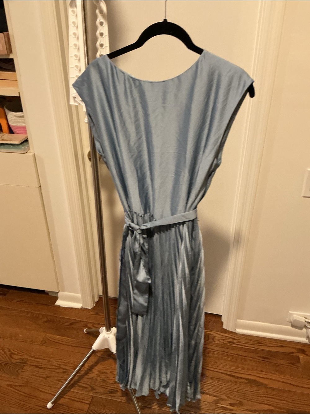 H&M Light Blue Pleated Satin Maxi Dress with Tie Waist
